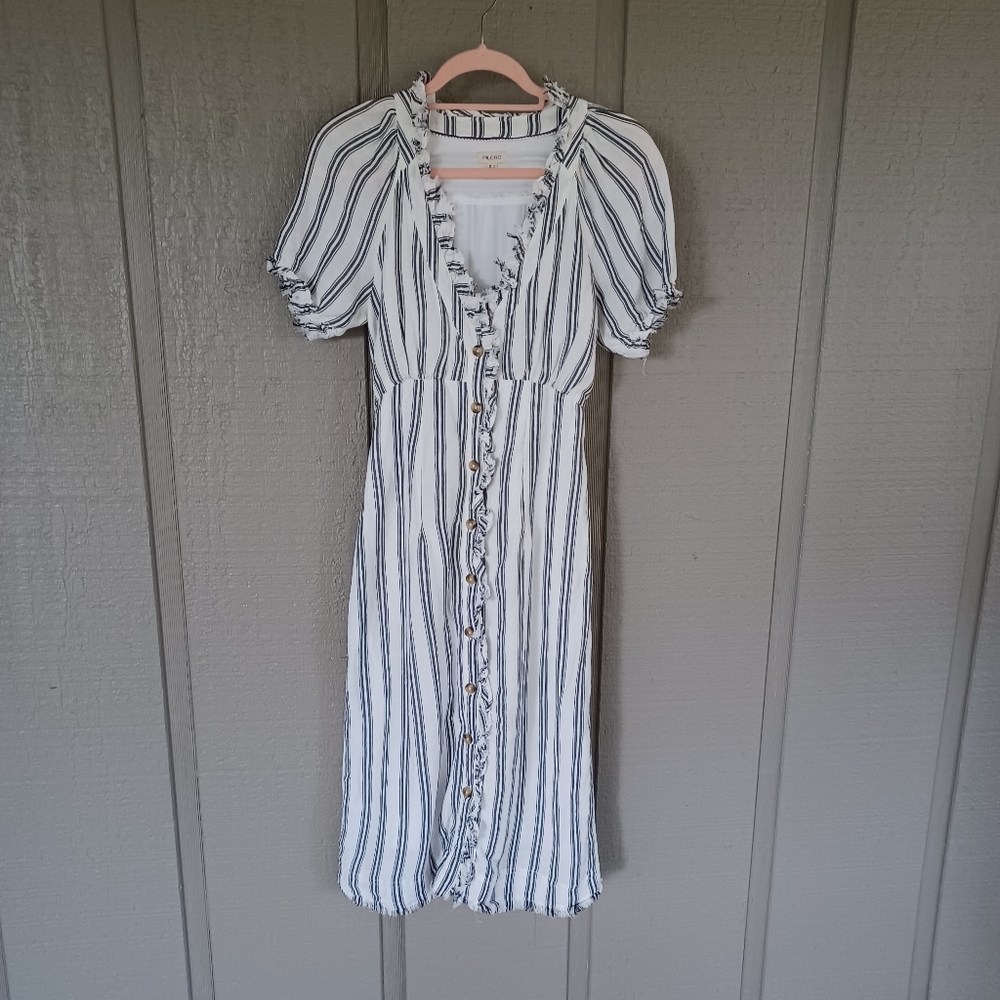 Anthropologie Pilcro Ruffle Collar Buttondown Dress Size 4 Linen Blend Fray Edge